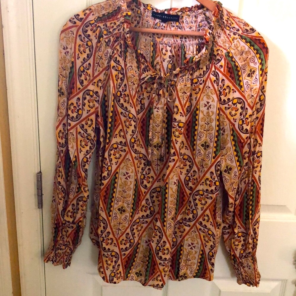 Jane + Delancey Size L Richly Patterned Rayon Blouse Smocked Nexk & Sleeves